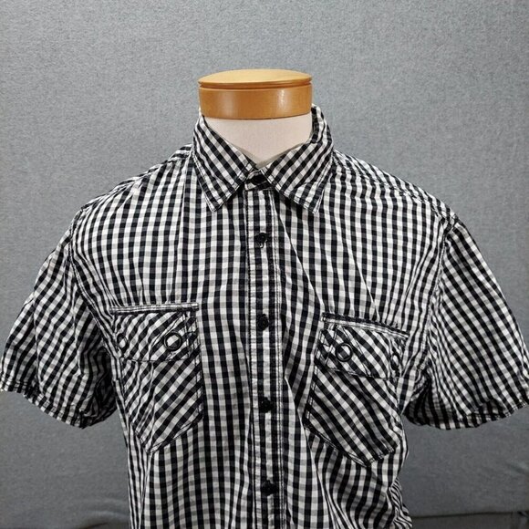 GLB Gold Label Brand Short Sleeve Black White Plaid Button Up Mens 2XL - Picture 2 of 9